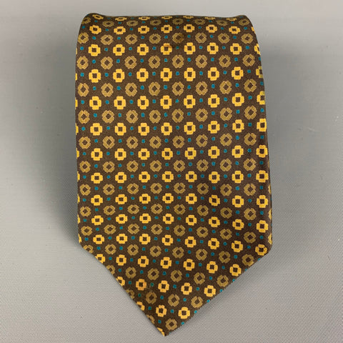 HERMES 116 TA Brown Yellow Floral Tie
