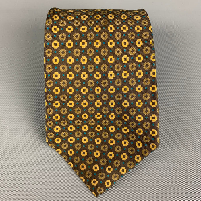 HERMES 116 TA Brown Yellow Floral Tie