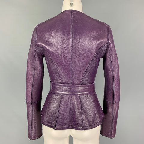 YVES SAINT LAURENT Size 6 Purple Shearling Patent Leather Reversible Belted Jacket