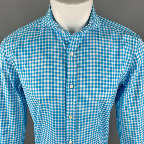 RALPH LAUREN Talla S Camisa de manga larga con botones y cuello extendido de algodón a cuadros color aguamarina
