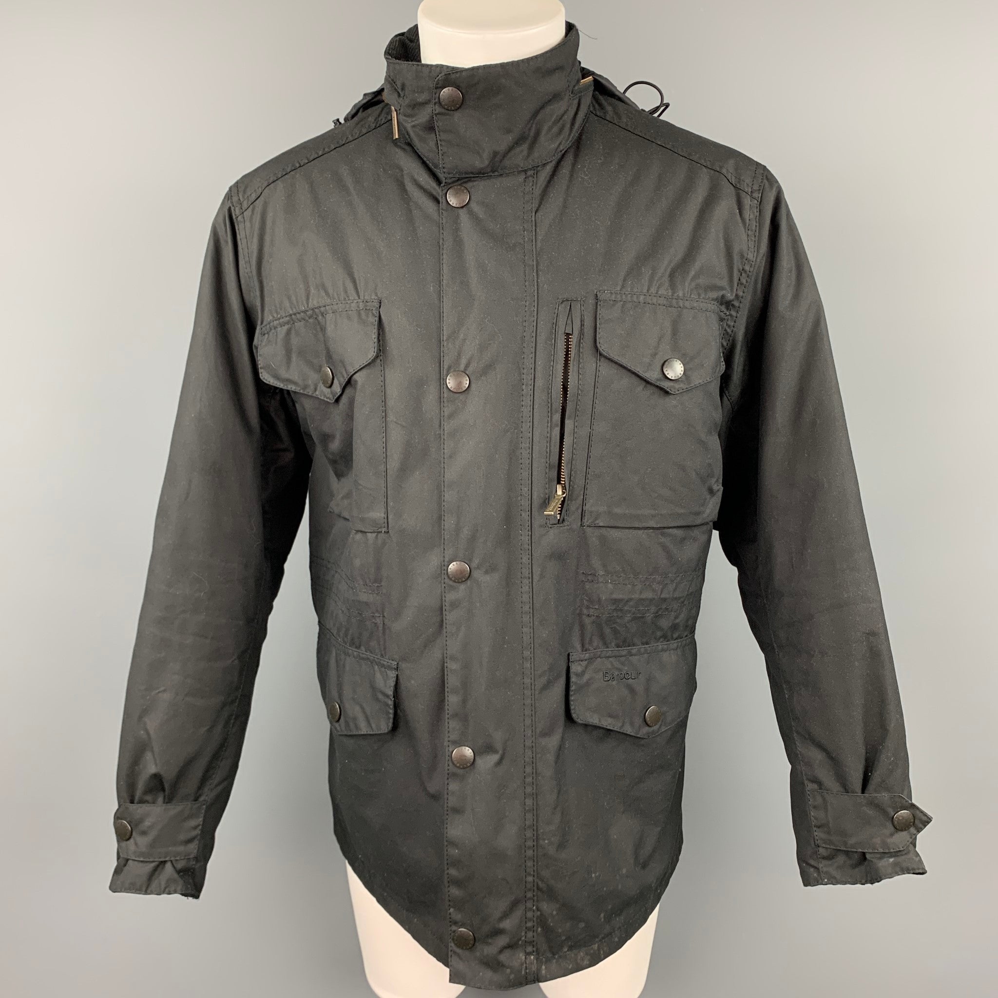 BARBOUR Sapper Size M Black Waxed Cotton Corduroy Collar Zip & Snaps J ...