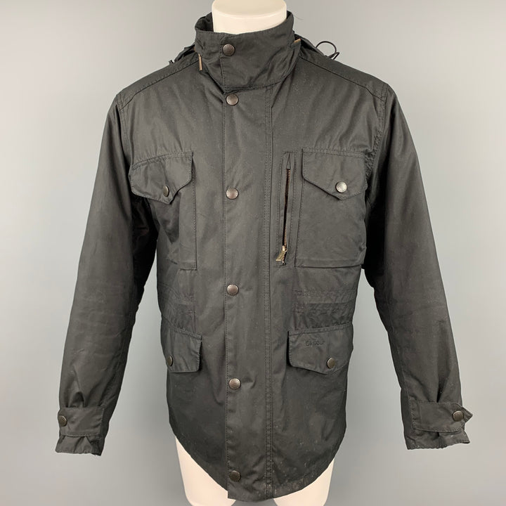 BARBOUR Sapper Size M Black Waxed Cotton Corduroy Collar Zip & Snaps Jacket
