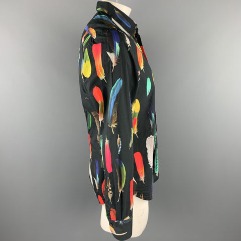PAUL SMITH Size M Black & Multi-Color Feather Print Cotton Button Up Long Sleeve Shirt