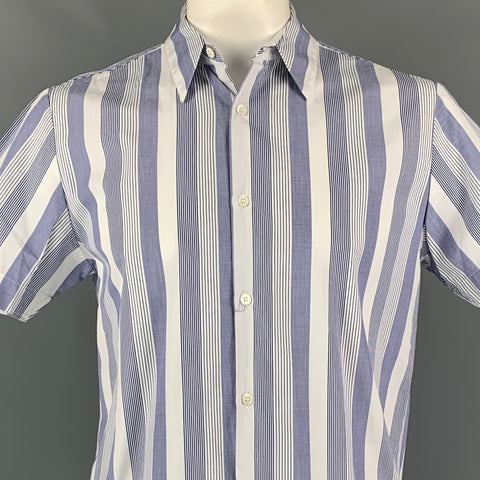DRIES VAN NOTEN Size 42 Blue & White Stripe Short Sleeve Shirt