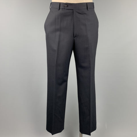 BELVEST Size 42 Long Black Stripe Wool Notch Lapel Suit