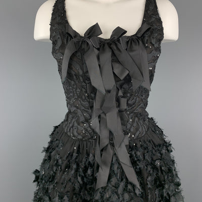 OSCAR DE LA RENTA 6 Black Sequin Mesh Silk Bows Buubble Skirt Cocktail Dress