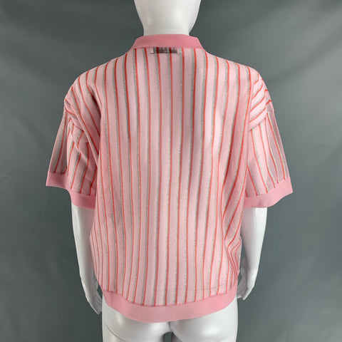 SANDRO Size M Pink Red & Silver Polyester Blend Stripe Cropped Polo Shirt