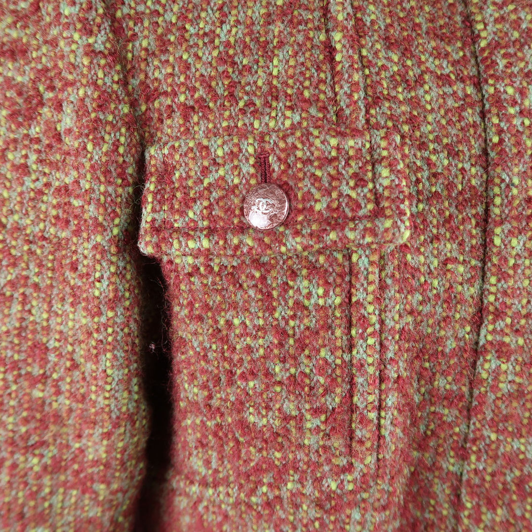 CHANEL Printemps 2014 Taille 14 Manteau à col haut boucle texturé bordeaux et vert