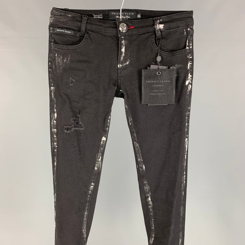 PHILIPP PLEIN Talla 2 Vaqueros The Glory de algodón negro y plateado con salpicaduras de pintura, corte súper ajustado