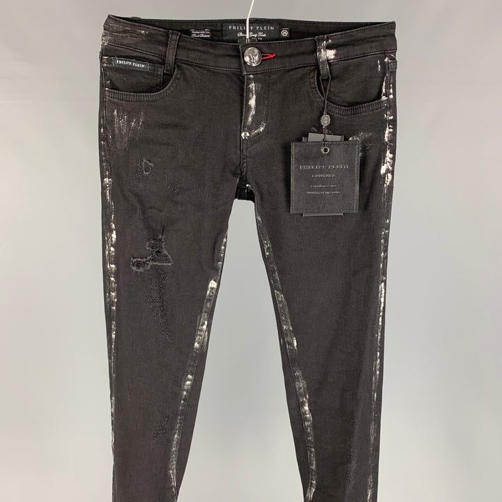 PHILIPP PLEIN Size 2 Black & Silver Cotton Paint Splattered Super Slim Fit The Glory Jeans