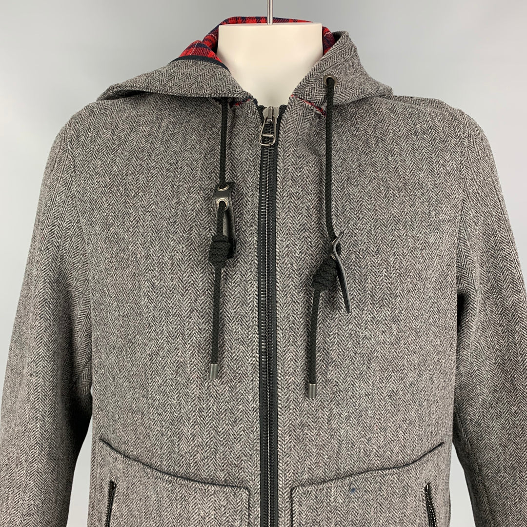 LANVIN Talla 44 Chaqueta con capucha de lana / poliamida en espiga gris y negra