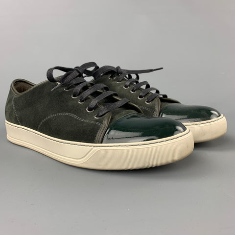 LANVIN Size 11 Olive Suede Patent Leather Cap Toe Sneakers