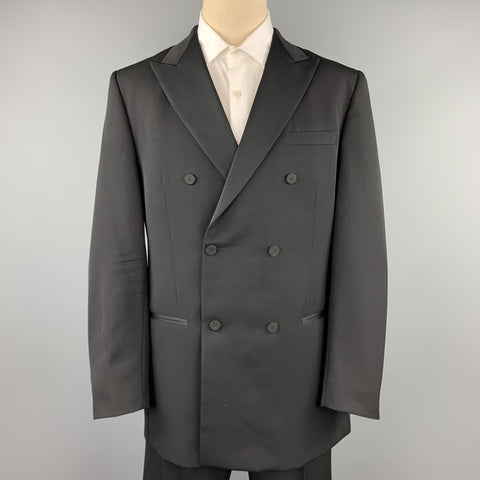 VALENTINO Size 46 Long Black Wool Peak Lapel Double Breasted Tuxedo