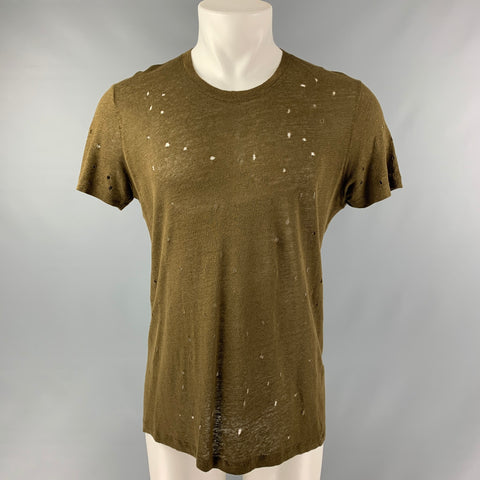 IRO Size M Olive Distressed Linen Crew-Neck T-shirt