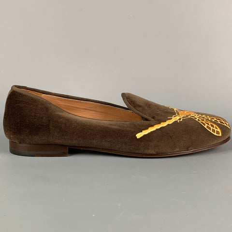 STUBBS & WOOTTON Size 10.5 Brown Dragonfly Motif Embroidery Velvet Slip On Loafers
