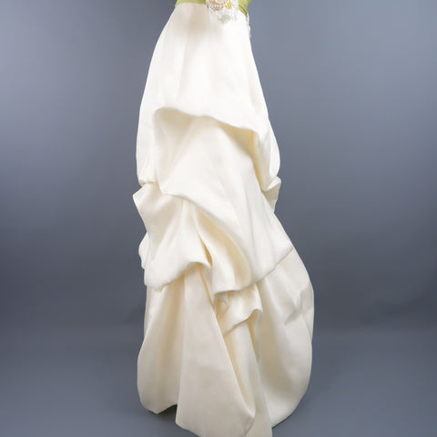 MONIQUE LHUILLIER Size 10 Cream Gold Green Lace Bodice Bolero Gown