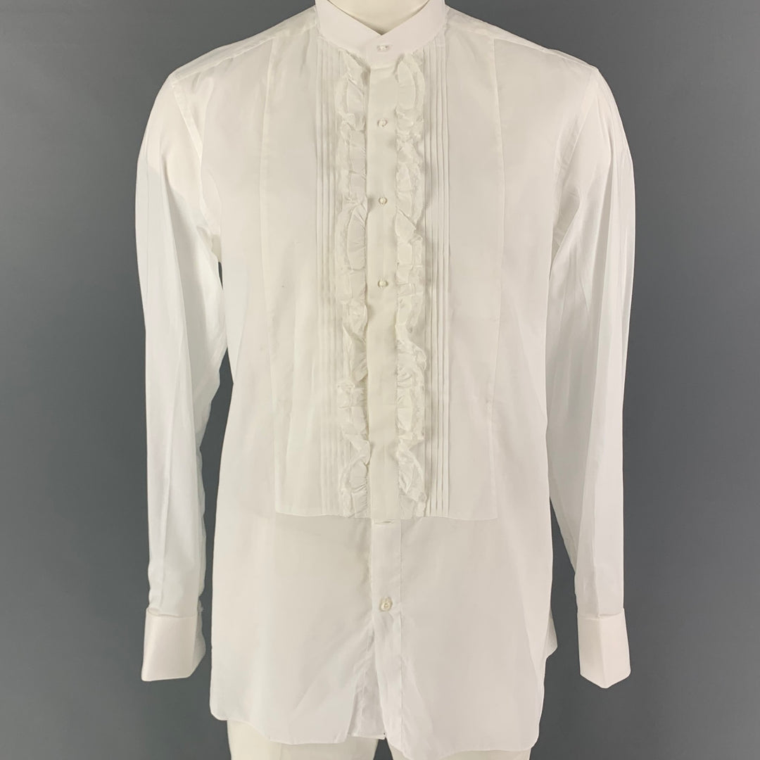 TOM FORD Size L White Ruffled Cotton Nehru Collar Long Sleeve Shirt
