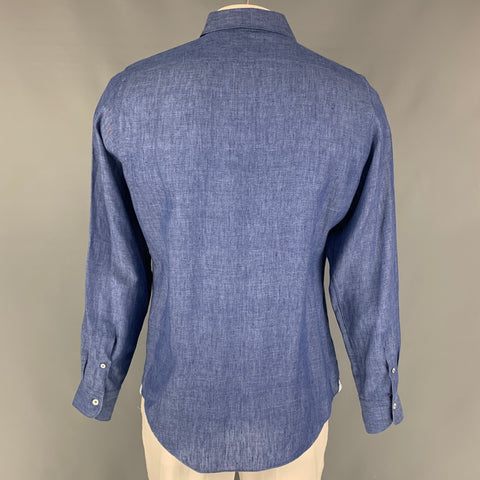 FINAMORE Size L Blue Linen Button Up Long Sleeve Shirt