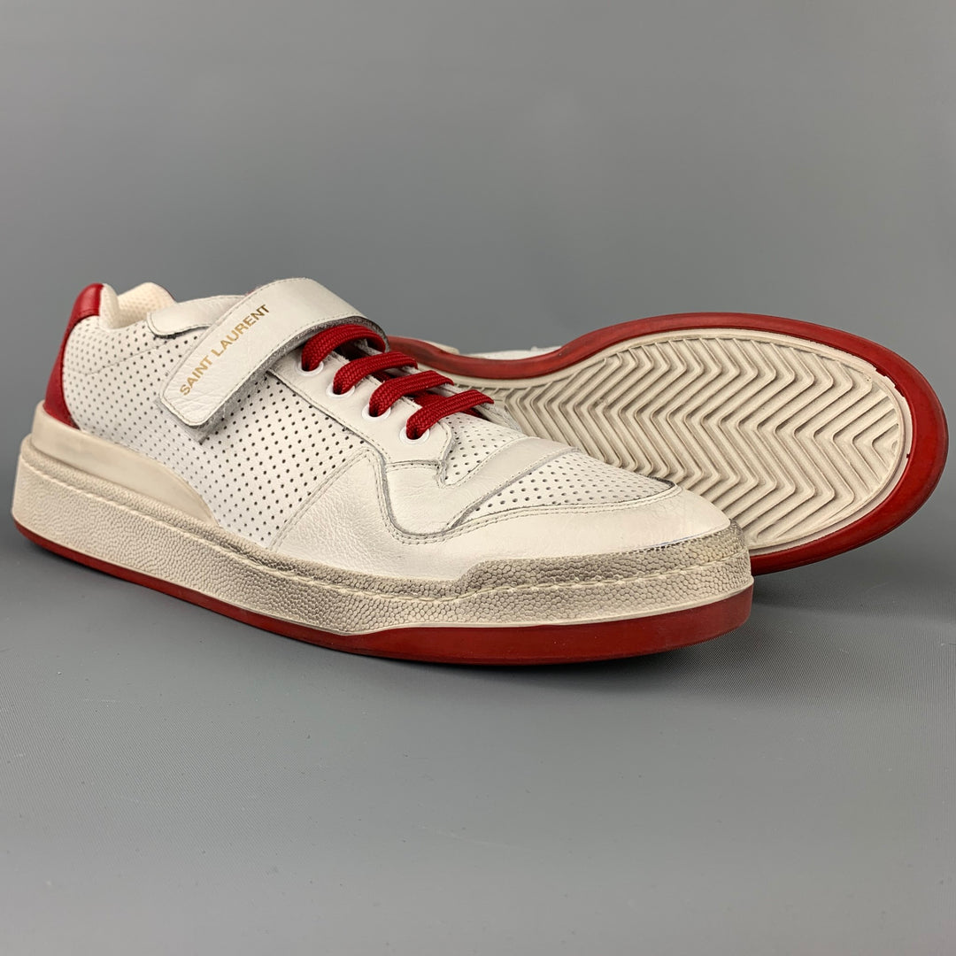 SAINT LAURENT Size 9 White & Red Perforated Leather Low Top Sneakers