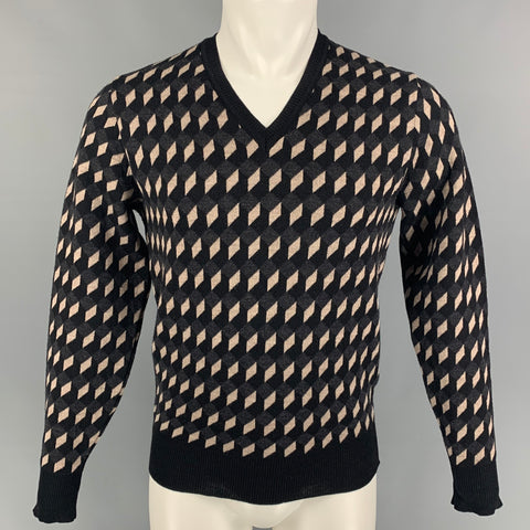 PS by PAUL SMITH Size S Black Grey Taupe Rhombus Merino Wool V-Neck Sweater