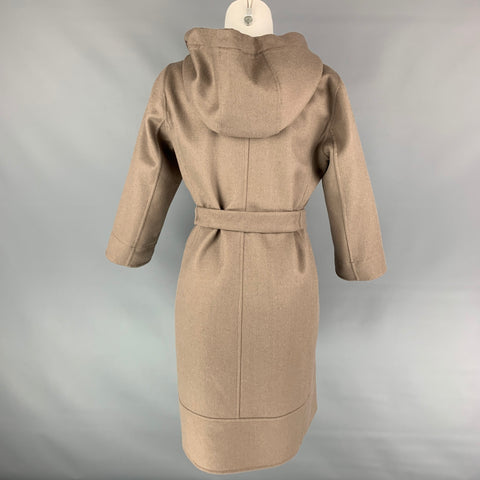 MAX MARA Size 6 Taupe Virgin Wool Hooded Belted Coat