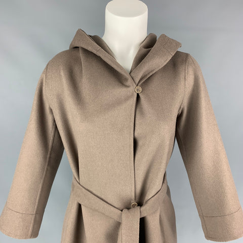 MAX MARA Size 6 Taupe Virgin Wool Hooded Belted Coat