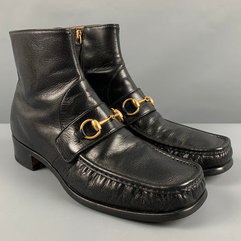 GUCCI Size 9.5 Black Embroidery Leather Square Toe Boots