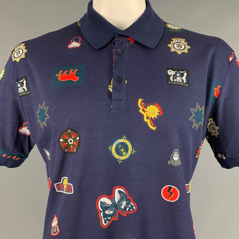 ALEXANDER MCQUEEN Size XXL Navy Multi-Color Print Cotton Buttoned Polo