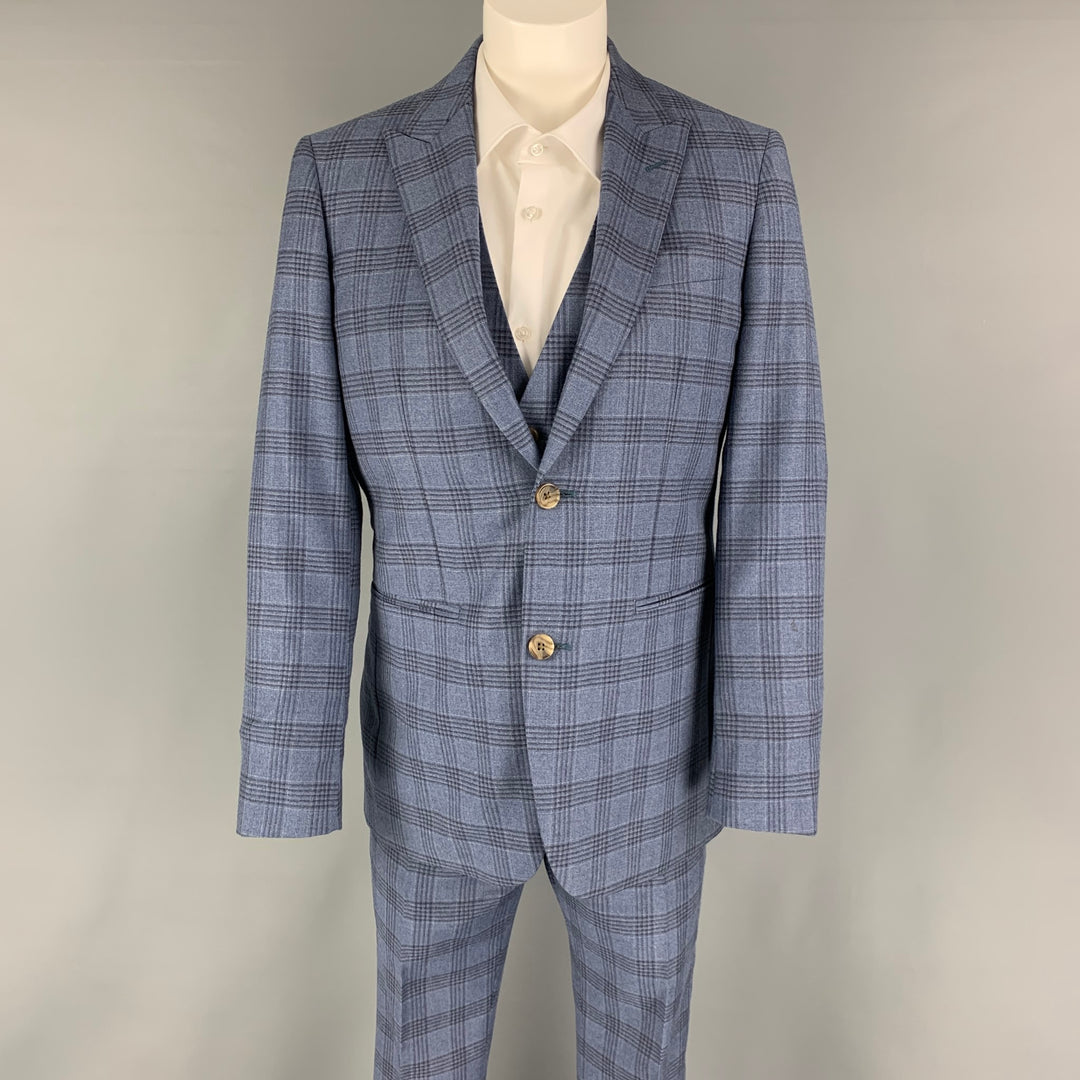 INDOCHINO Size 36 Blue Navy Plaid Wool 30 30 Suit