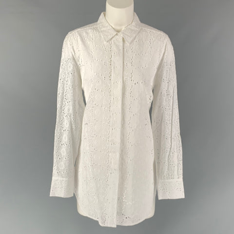 TORY BURCH Camisa con tapeta oculta de algodón con ojales, talla M, color blanco