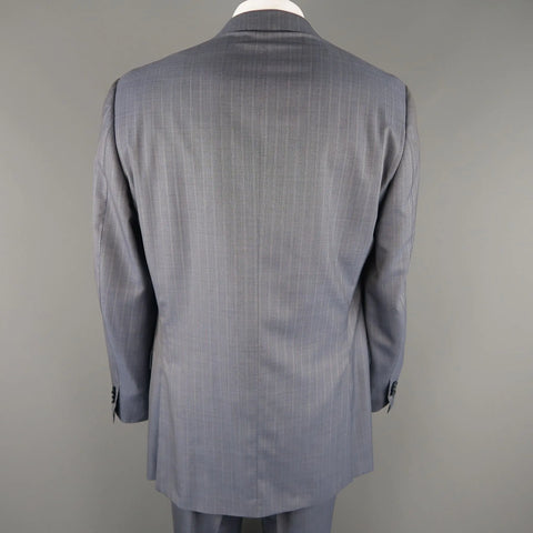 ERMENEGILDO ZEGNA 48 Long Blue Striped Wool Single Breasted Notch Lapel Suit ERMENEGILDO ZEGNA
