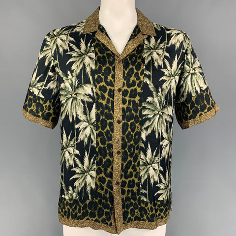 DRIES VAN NOTEN SS 16 Size XL Black Olive Print Viscose Camp Short Sleeve Shirt