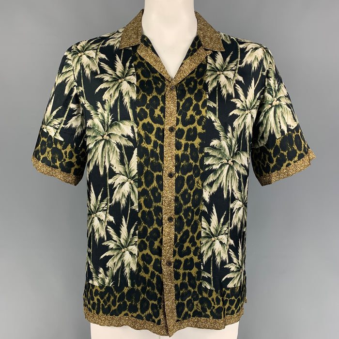 DRIES VAN NOTEN SS 16 Size XL Black Olive Print Viscose Camp Short Sleeve Shirt