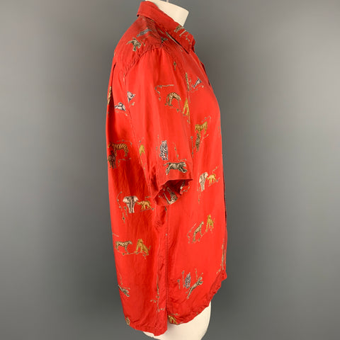 BRIONI Size L Red & Taupe Animal Print Rayon Button Up Short Sleeve Shirt