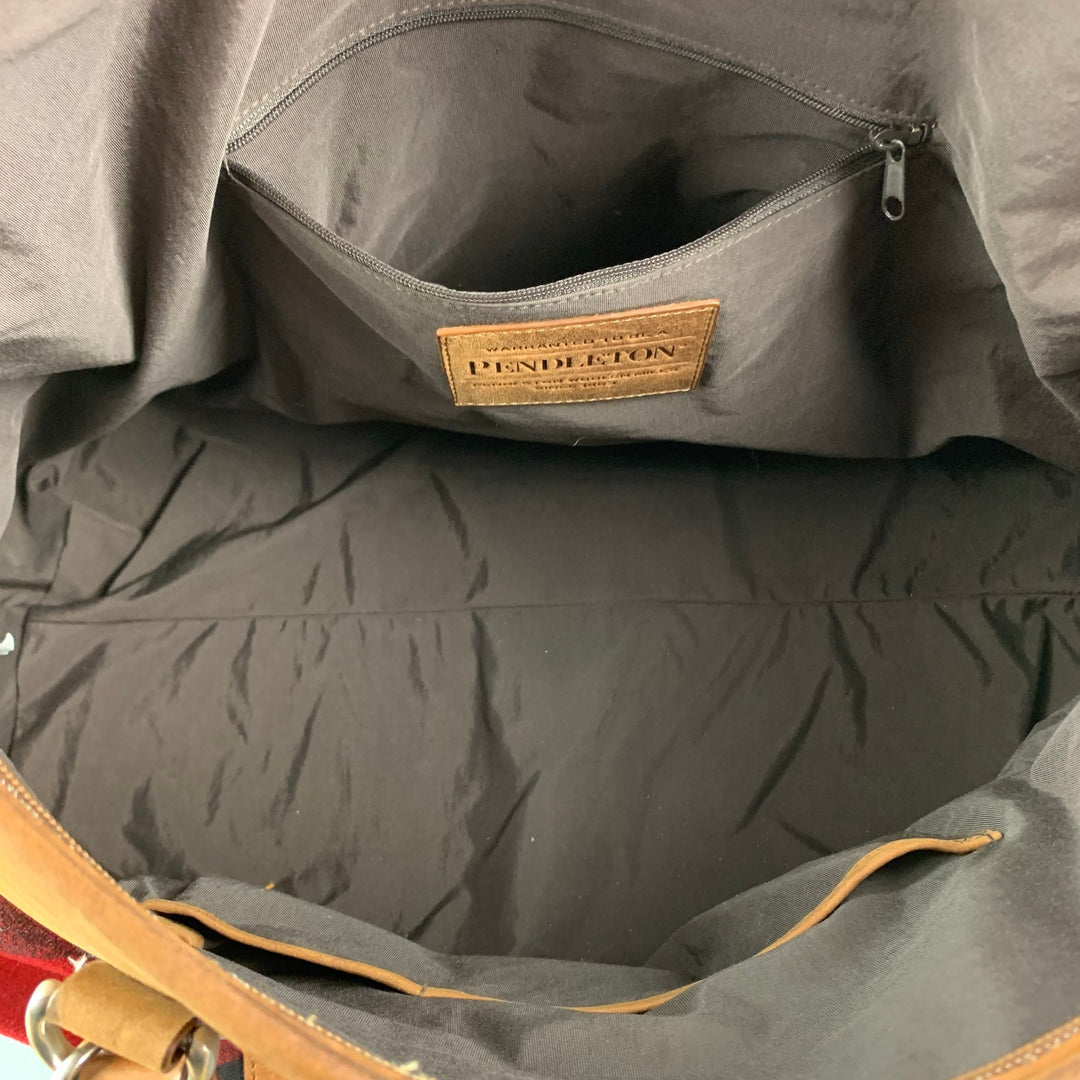 PENDLETON Tan Red Black Checkered Wool Leather Overnight Bag