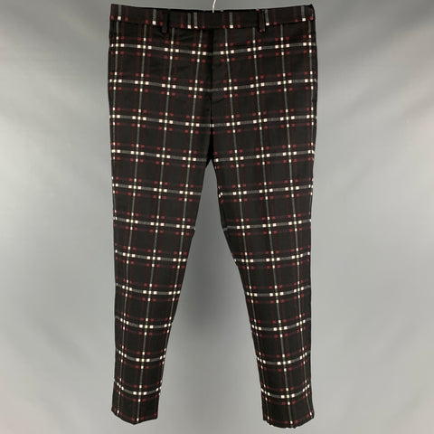 MSGM Size 36 Black Burgundy White Plaid Wool Blend Zip Fly Dress Pants