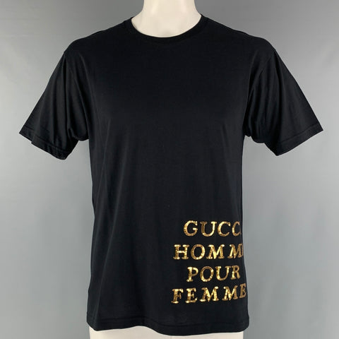 GUCCI Size XS Black Gold Embroidery Cotton Crew-Neck T-shirt