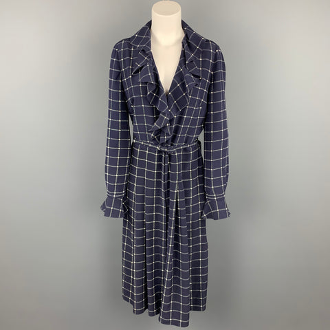 Colección RALPH LAUREN Talla 8 Vestido con cinturón de seda a cuadros azul marino y blanco