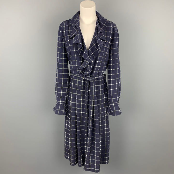 RALPH LAUREN Collection Size 8 Navy & White Checkered Silk Belted Dress