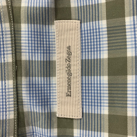 ERMENEGILDO ZEGNA Size L Blue & Olive Plaid Cotton Button Up Long Sleeve Shirt