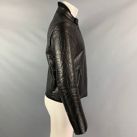 EMPORIO ARMANI Size 38 Black Textured Leather Zip Up Jacket