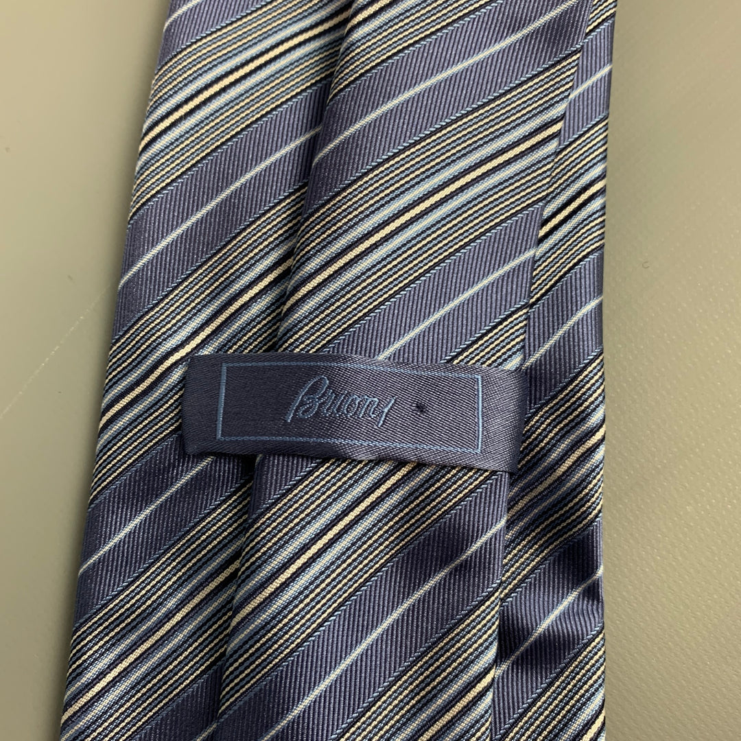 BRIONI Light Blue & Cream Stripe Silk Tie