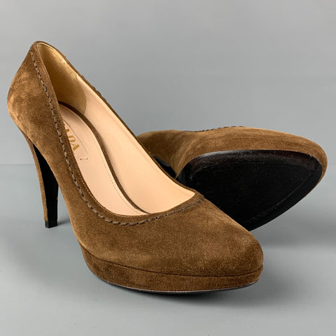 PRADA Size 8.5 Brown Suede Contrast Stitch Platform Pumps