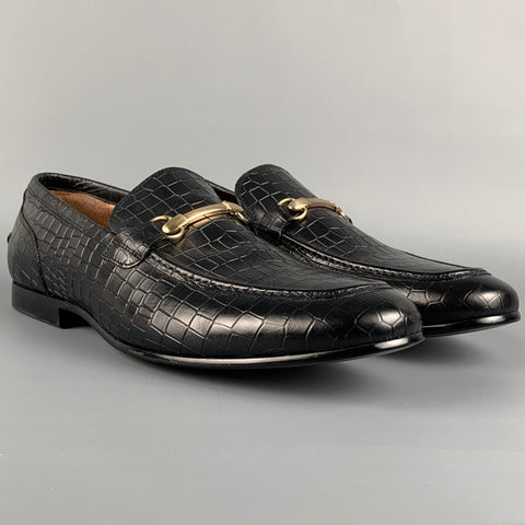 SAKS FIFTH AVENUE Size 12 Black Embossed Leather Slip On Horsebit Loafers
