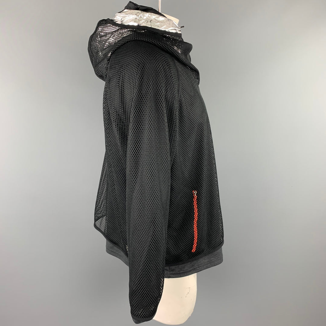 ADIDAS by KOLOR Size XL Black & Silver Mesh Polyester Hooded Sweatshirt