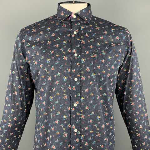 HARTFORD Size M Navy & Burgundy Floral Cotton Button Up Long Sleeve Shirt