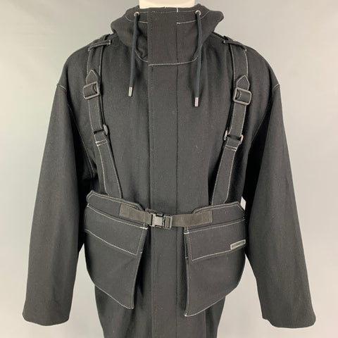 CHRISTIAN DADA Size 38 Black Contrast Stitch Wool Hooded Chest Bag Melton Coat