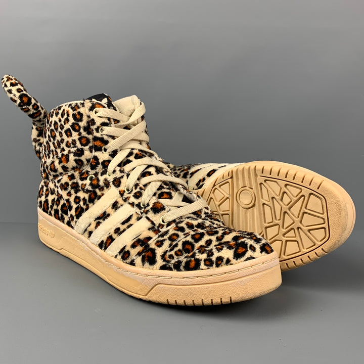 JEREMY SCOTT x ADIDAS Size 12 Beige Black Orange Animal Print Fabric High Top Sneakers