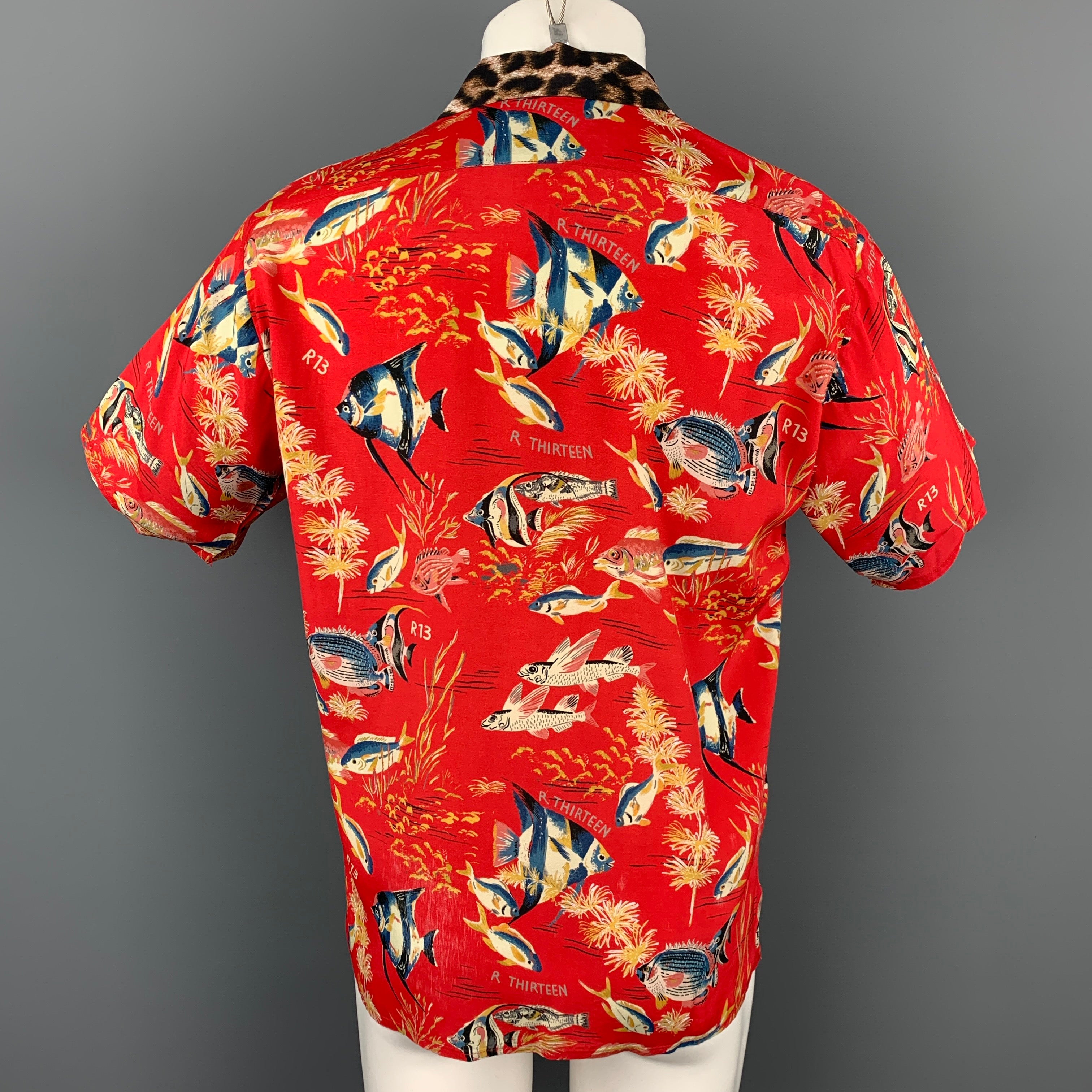 R13 S 19 Size XS Red Fish Print Viscose Hawaiian Shirt Sui