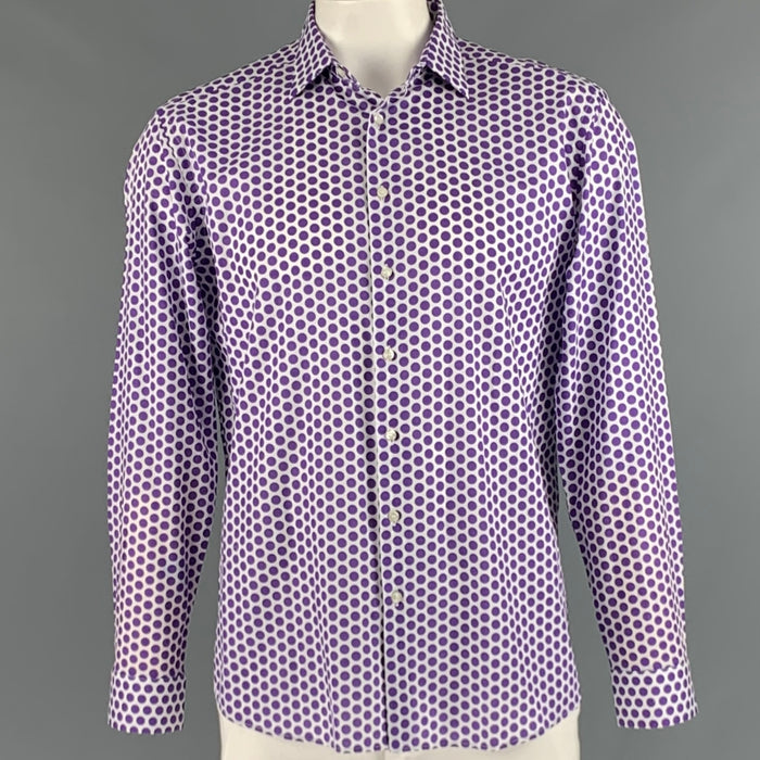 ETRO Size L Purple White Polka Dot Cotton Button Up Long Sleeve Shirt